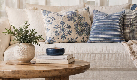 Illustrative living space with a sofa, cushions, and a low table